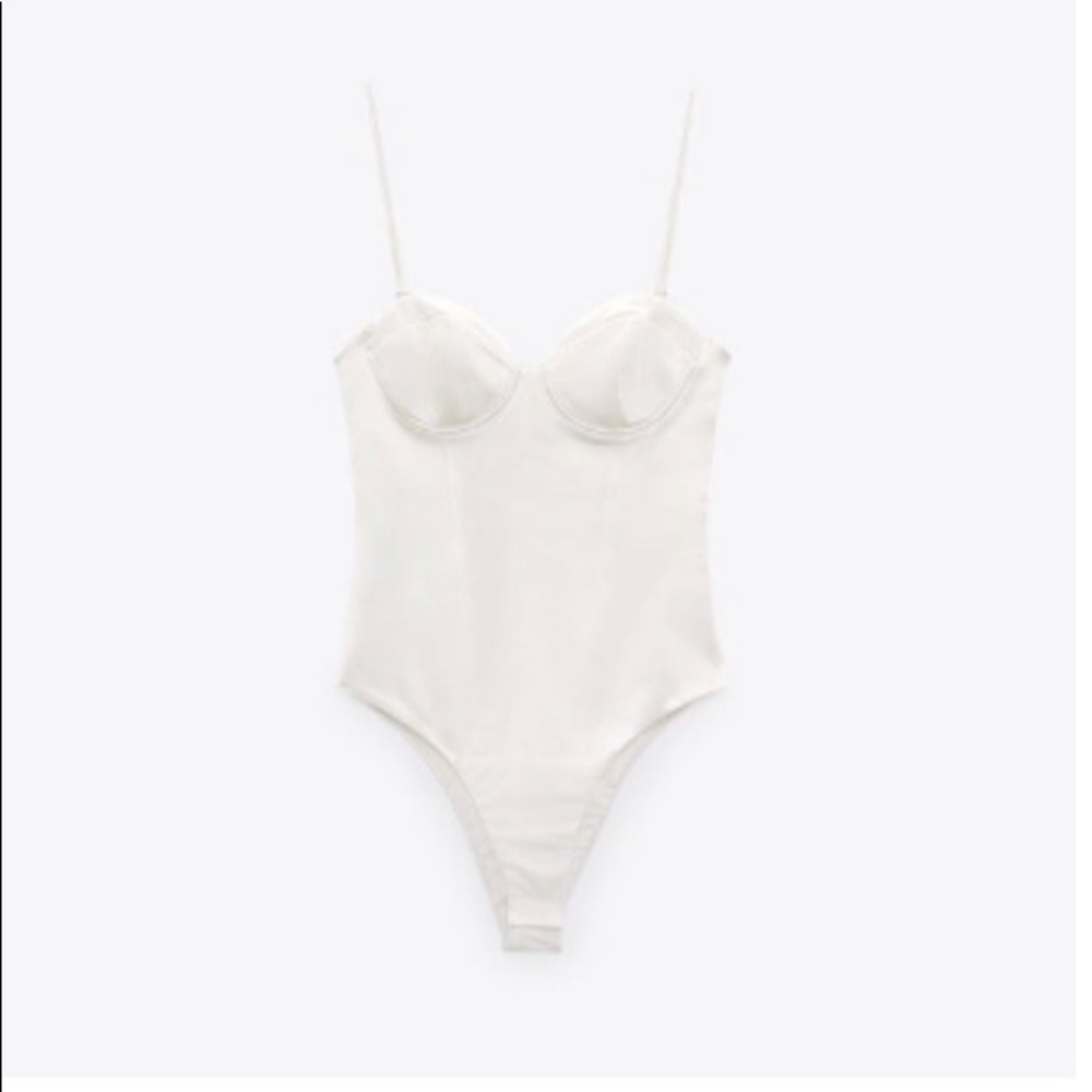 Zara Off White Satin Corsetry-Inspired Exposed Shoulder Bodysuit